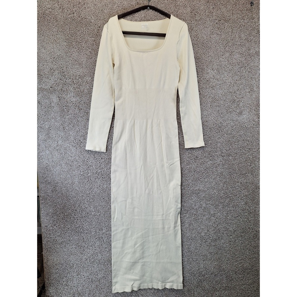 OQQ Bodycon Dress Women's XL Ivory Stretch Ribbed Knit Long Sleeve Square‎ Neck